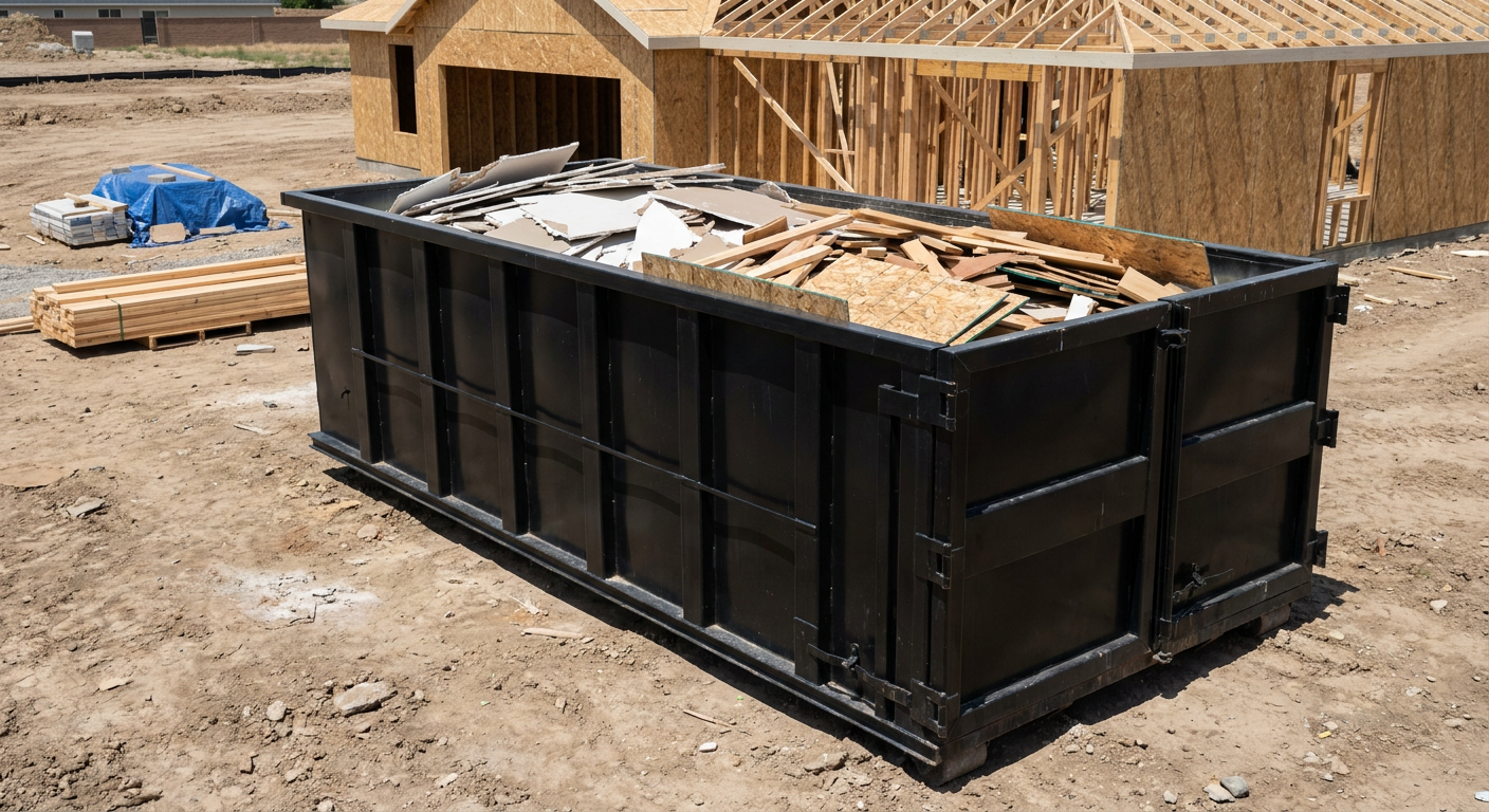 Matte-black 30-yard roll-off construction dumpster sitting directly on the compacted-dirt site of a framed single-family home build in Allentown, drywall and lumber scrap loaded inside.