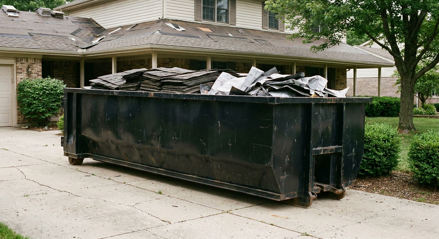 Matte-black 30-yard roofing roll-off dumpster sitting directly on a Allentown concrete driveway, taller ribbed steel side panels, mixed tear-off debris of asphalt shingles and underlayment inside, professional documentary daylight.