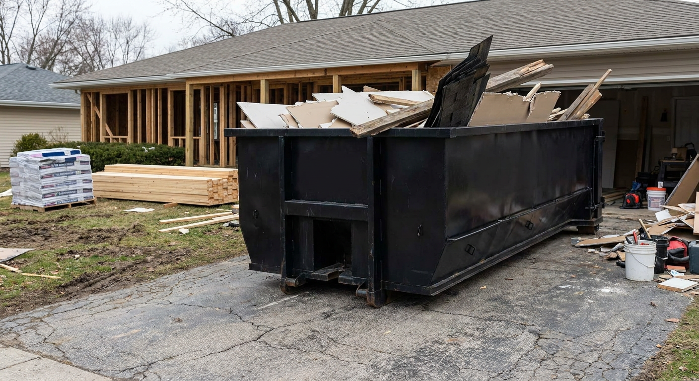 A matte-black 20-yard roll-off dumpster placed alongside a mid-renovation Allentown home directly on the asphalt driveway, with framing materials and torn-off shingles staged neatly nearby.