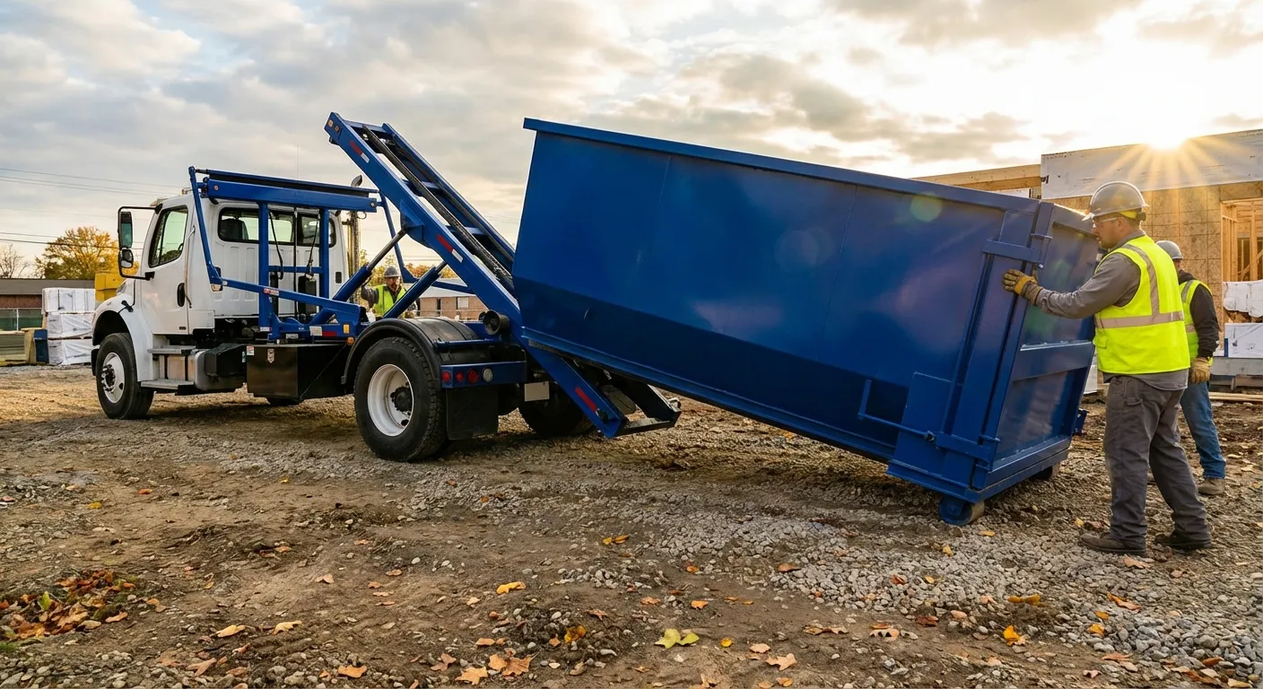 Construction dumpster delivery truck at job site in Allentown, PA