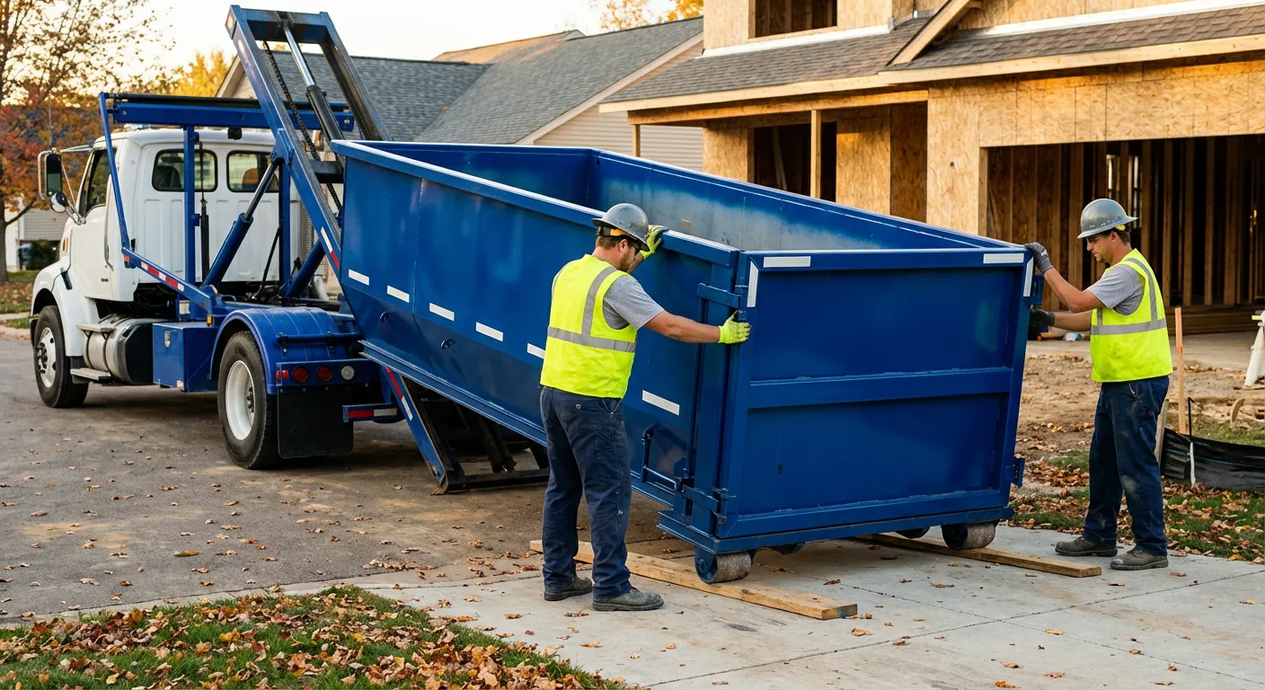 Roll-off dumpster delivery truck in residential area in Allentown, PA